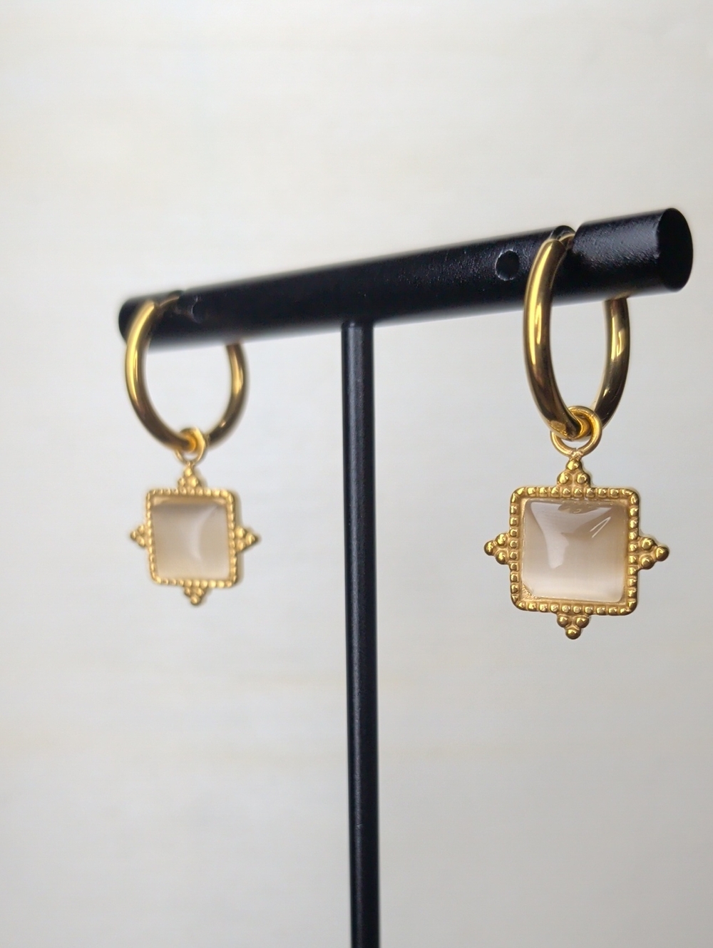 18k Gold Plated Earrings - White Cats Eye Stone And Vintage Inspired Frame